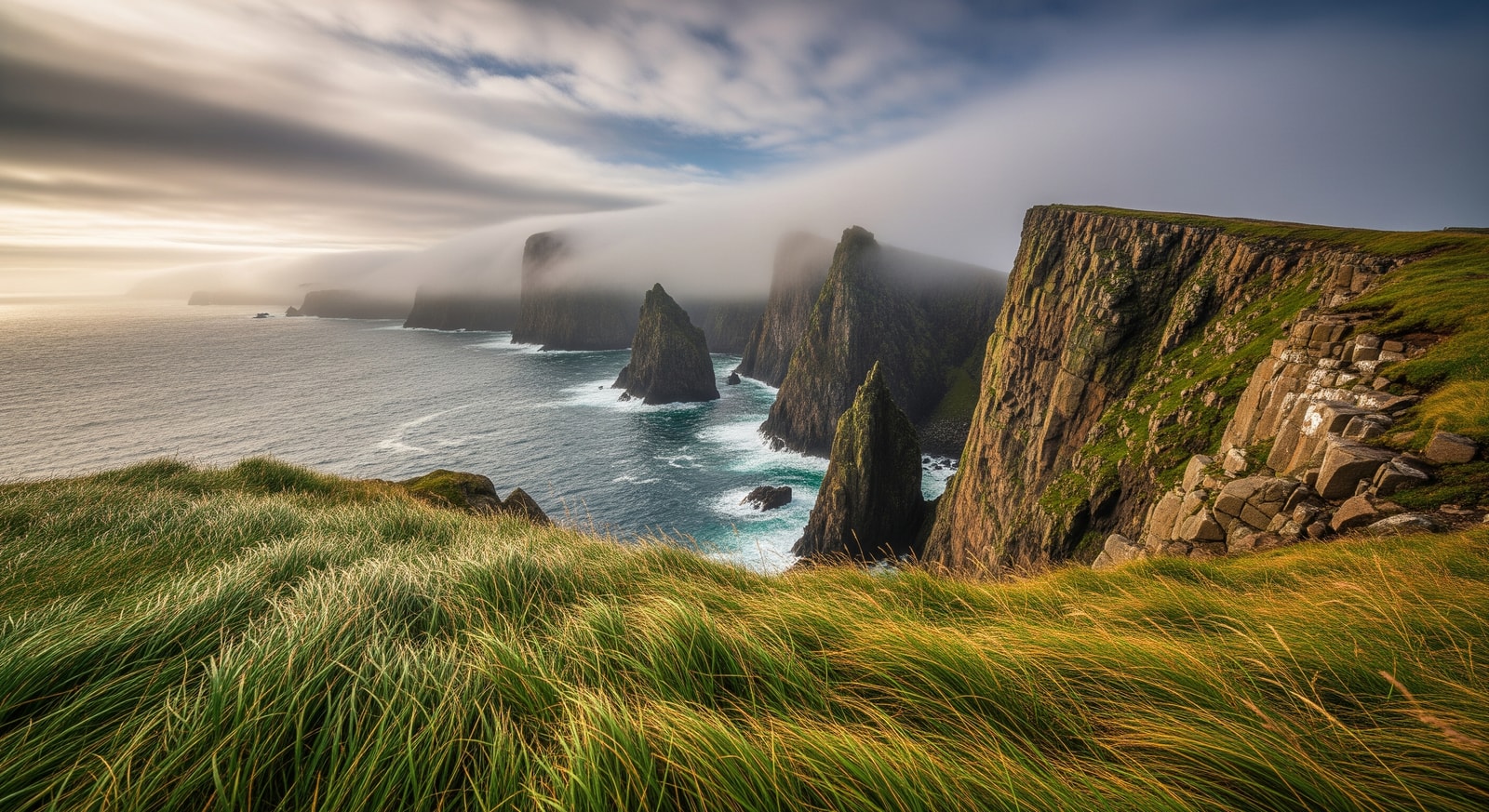 Dramatic rugged coastline of Miquelon island with windswept grasses and Atlantic fog rolling over the cliffs