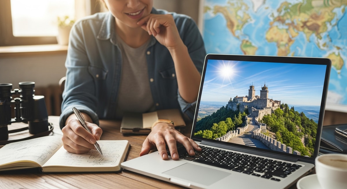 Traveler planning trip to San Marino with laptop showing Monte Titano and medieval towers