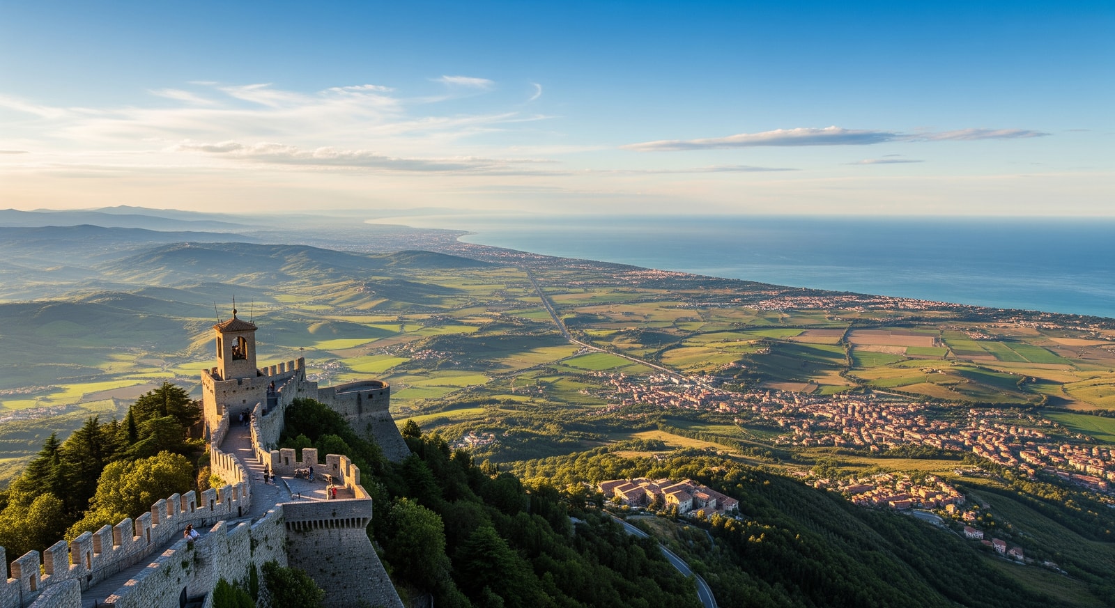 Breathtaking panoramic view from San Marino fortress overlooking the Adriatic coast and Italian plains
