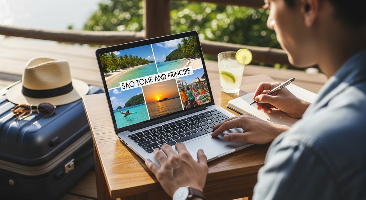 Traveler planning island getaway to Sao Tome and Principe on laptop with tropical beach photos