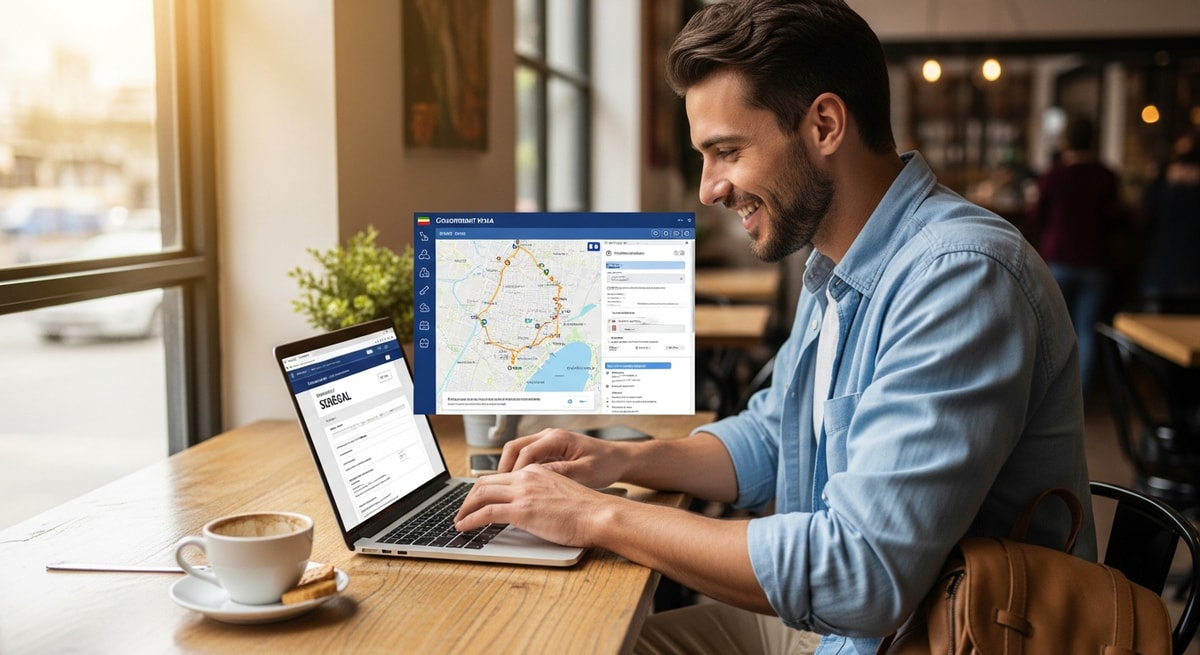 Happy traveler using laptop to apply for Senegal visa while planning trip to Dakar