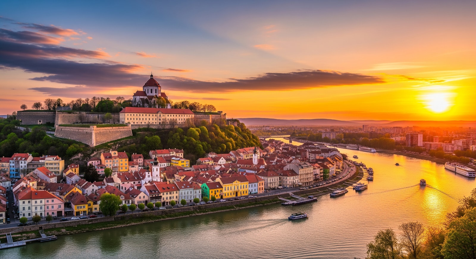 Petrovaradin Fortress overlooking the Danube River and colorful buildings of Novi Sad at sunset