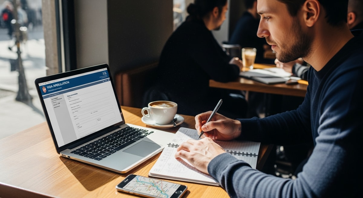 Traveler planning Serbian adventure while completing visa application on laptop with coffee