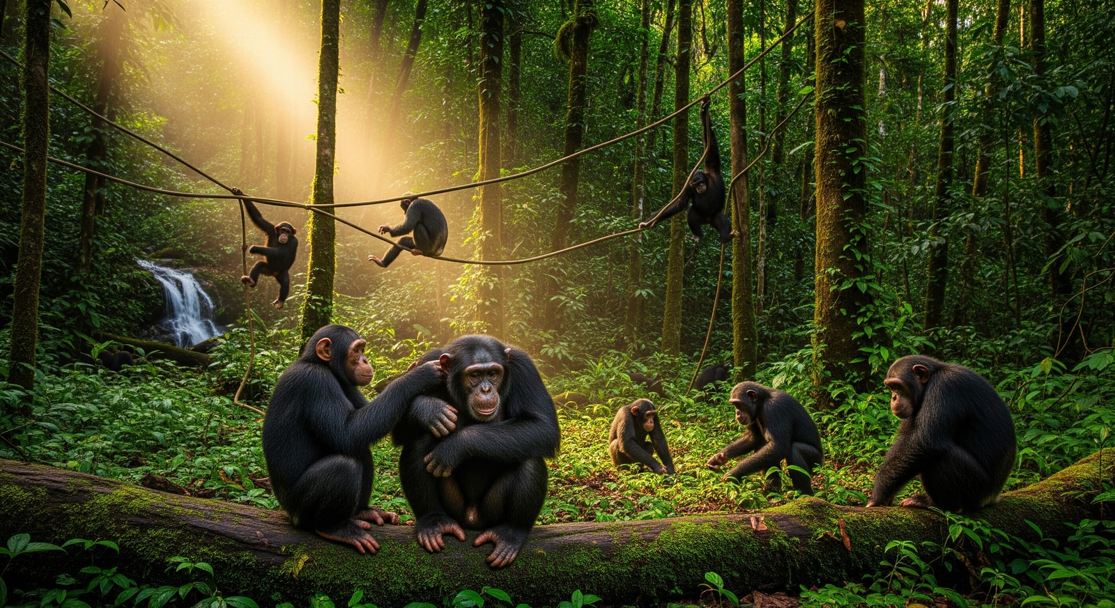 Rescued chimpanzees at Tacugama Chimpanzee Sanctuary in the Western Area Peninsula Forest Reserve