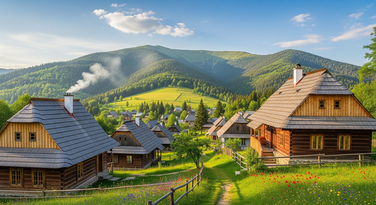 Traditional wooden houses in the preserved village of Vlkolinec with green mountain slopes in the background