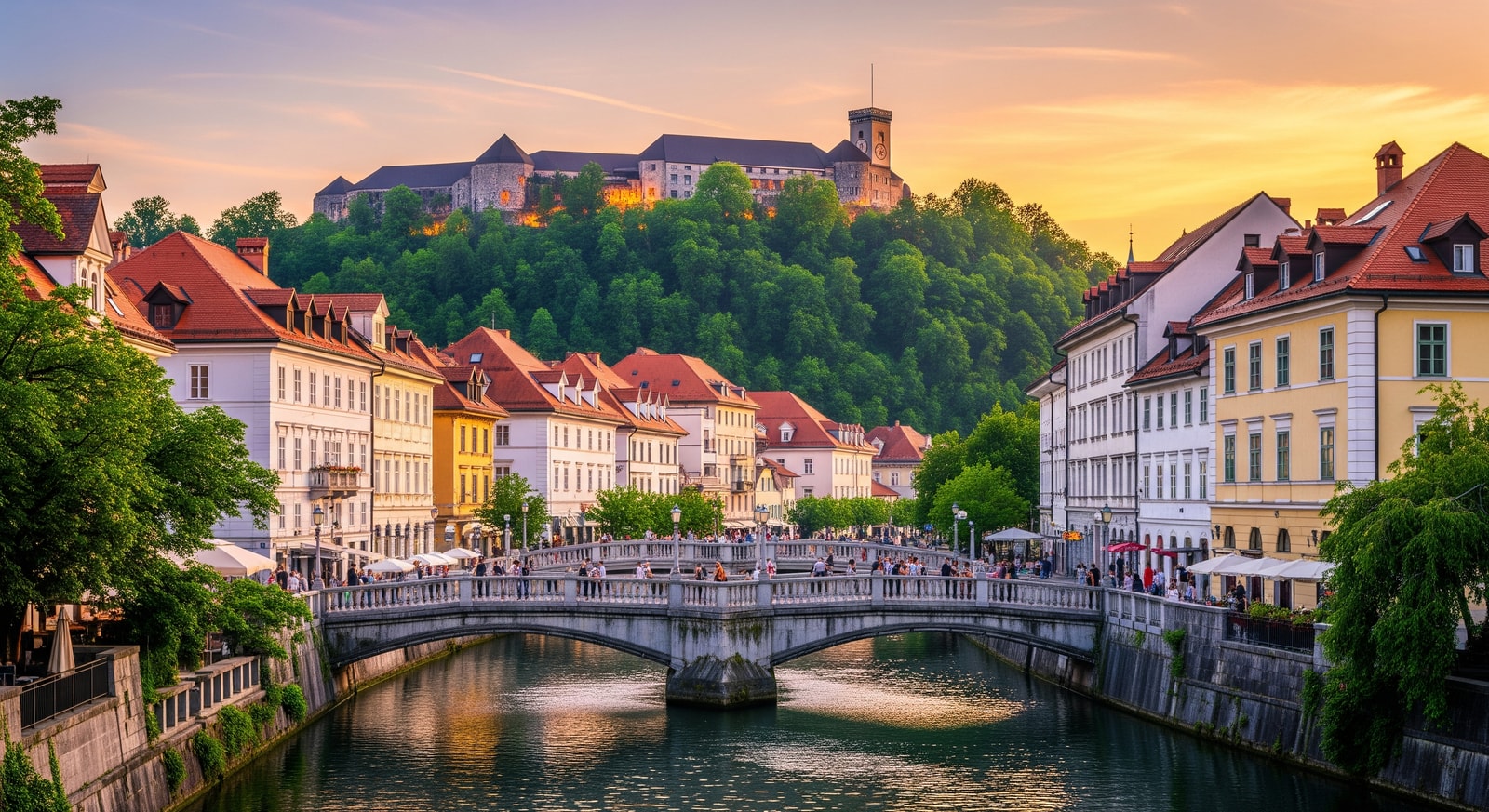 Charming Ljubljana city center with the Triple Bridge over Ljubljanica River and Ljubljana Castle on the hill