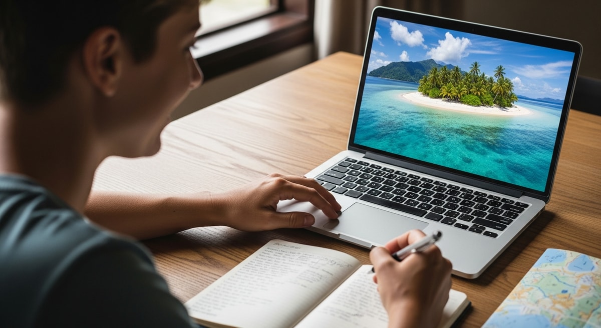 Traveler planning Solomon Islands adventure with laptop showing tropical island imagery
