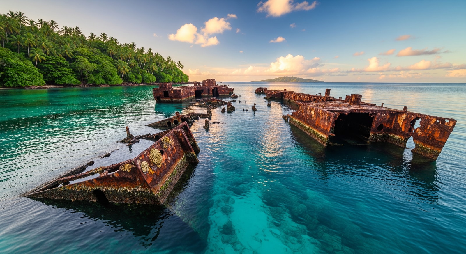 Historic WWII relics including rusting ship hulls and equipment in the waters near Guadalcanal