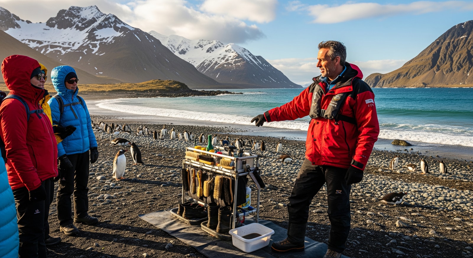 Expedition guide briefing visitors on biosecurity protocols with boot cleaning station on South Georgia beach