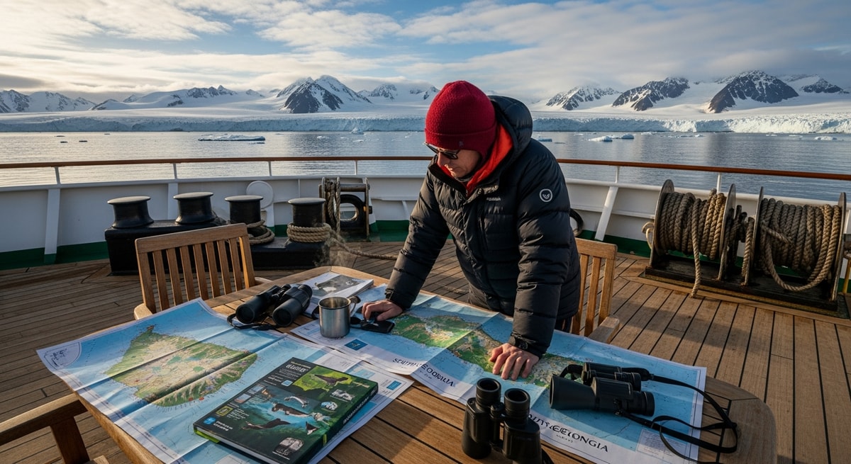 Expedition cruise passenger planning South Georgia visit with maps and wildlife guides on deck