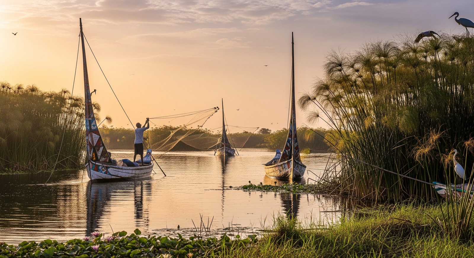 Traditional fishing boats on the Sudd wetlands with papyrus reeds at golden hour in South Sudan