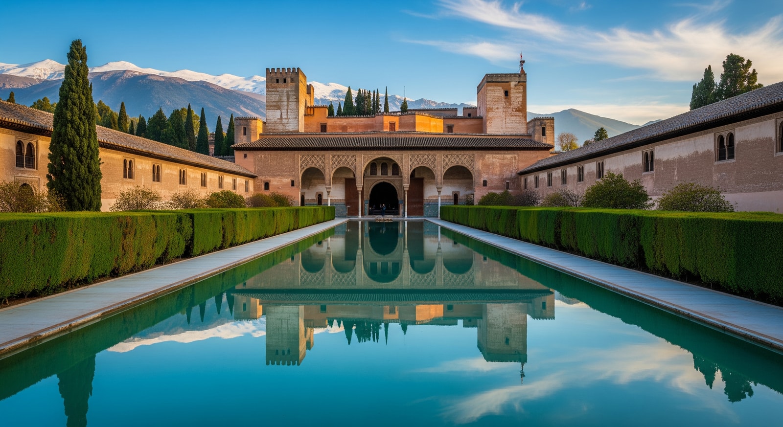 The stunning Alhambra palace complex in Granada with its intricate Moorish architecture and reflecting pools