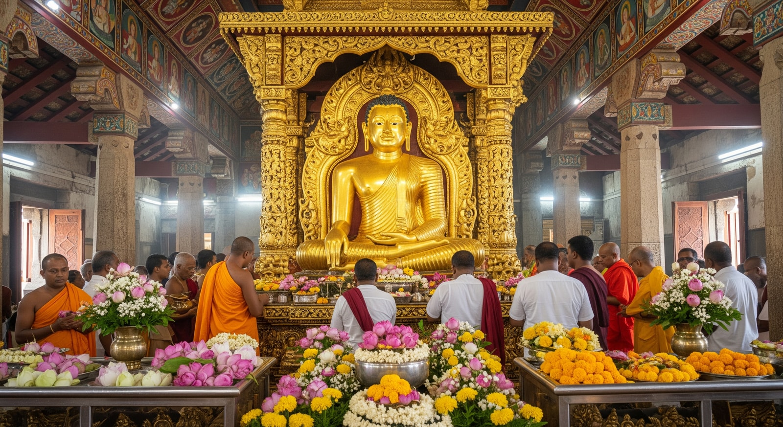 Golden Buddha statue at the Temple of the Sacred Tooth Relic in Kandy surrounded by devotees and flowers