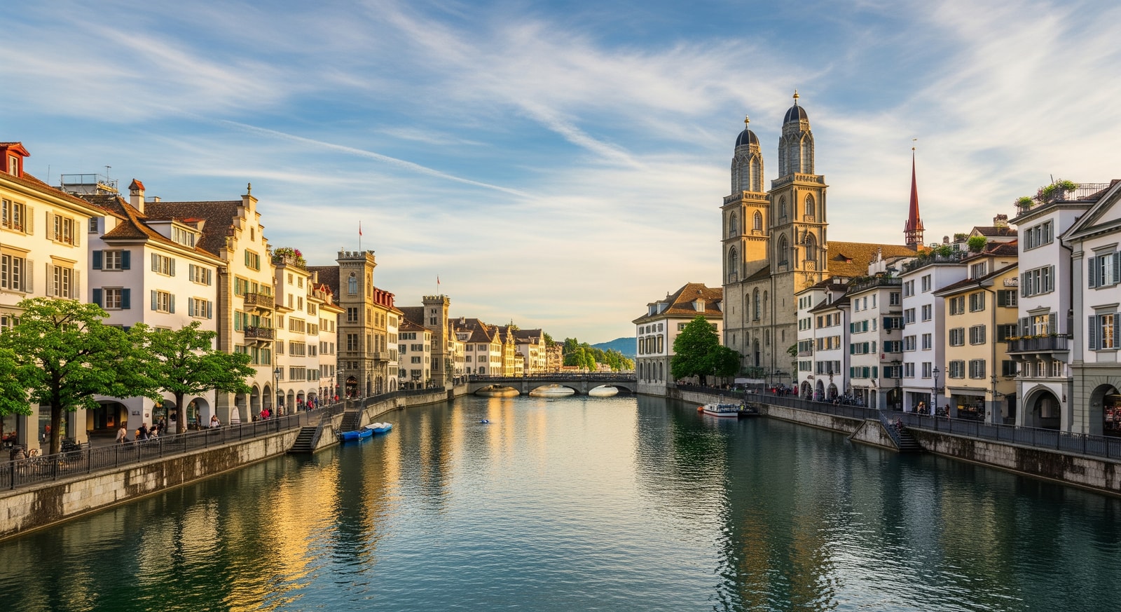 Panoramic view of Zurich old town with Limmat River, historic buildings, and the twin towers of Grossmunster cathedral