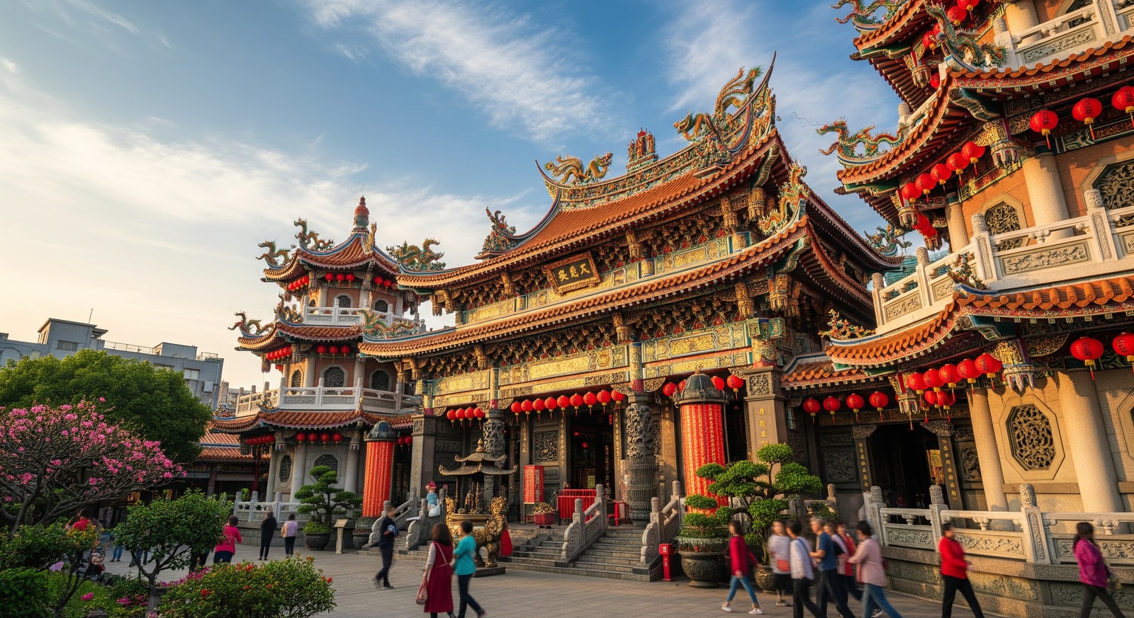 Longshan Temple in Taipei with ornate traditional Chinese architecture and red lanterns