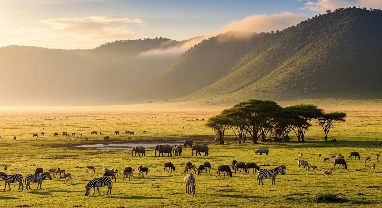 Panoramic view of the Ngorongoro Crater with wildlife grazing on the lush crater floor