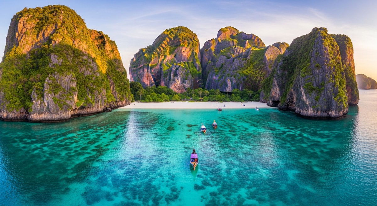 Crystal clear turquoise waters and white sand beach of Maya Bay on Phi Phi Islands