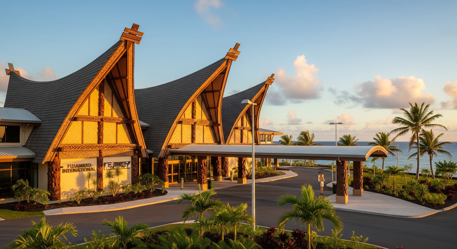 Fua'amotu International Airport terminal building with traditional Tongan design elements