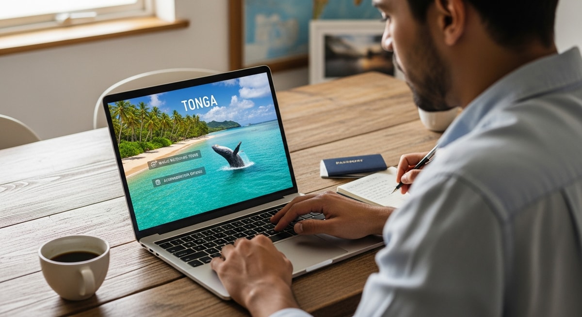 Traveler planning Tonga trip with laptop showing tropical island imagery and whale watching tours