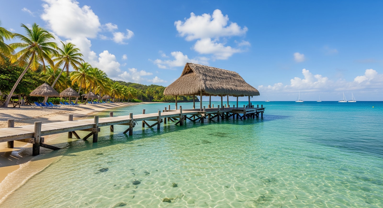 Iconic thatched jetty at Pigeon Point Beach in Tobago with turquoise Caribbean waters
