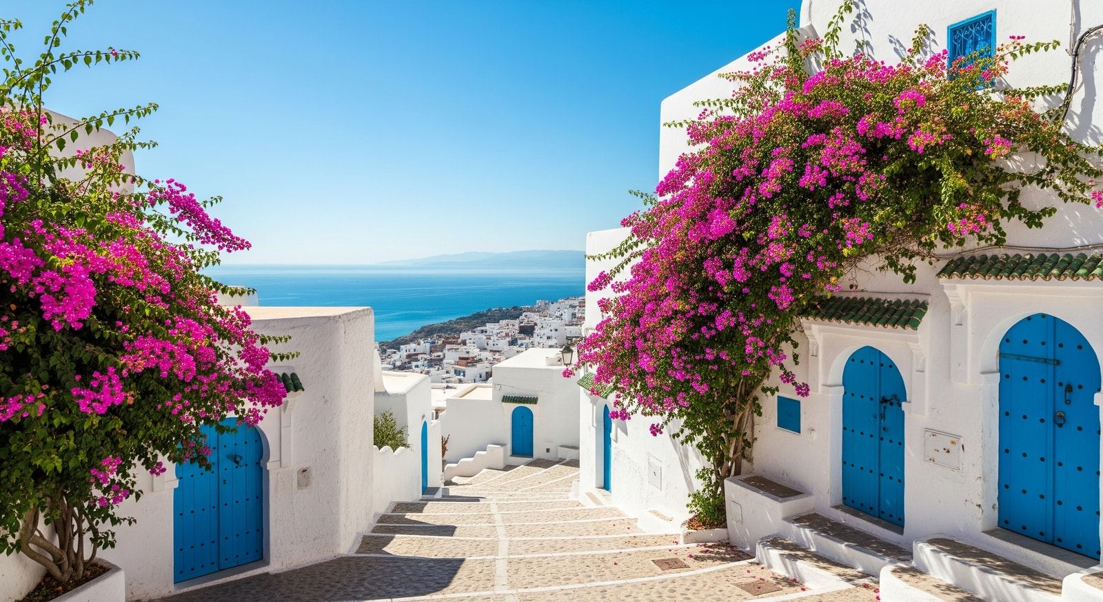 Iconic blue doors and white walls of Sidi Bou Said village with bougainvillea flowers cascading down