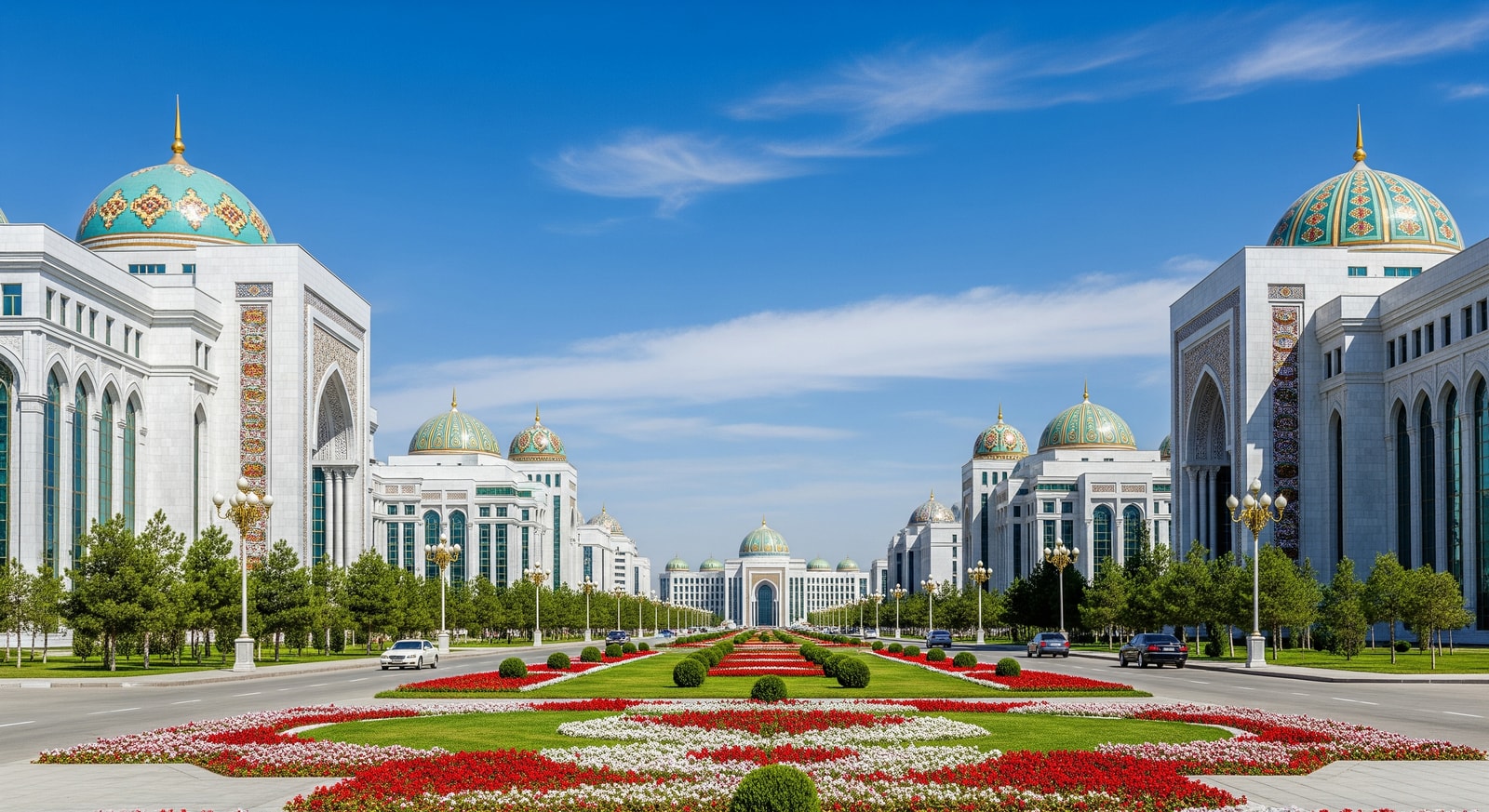 Modern government buildings along the central boulevard in Ashgabat with traditional Turkmen architectural elements