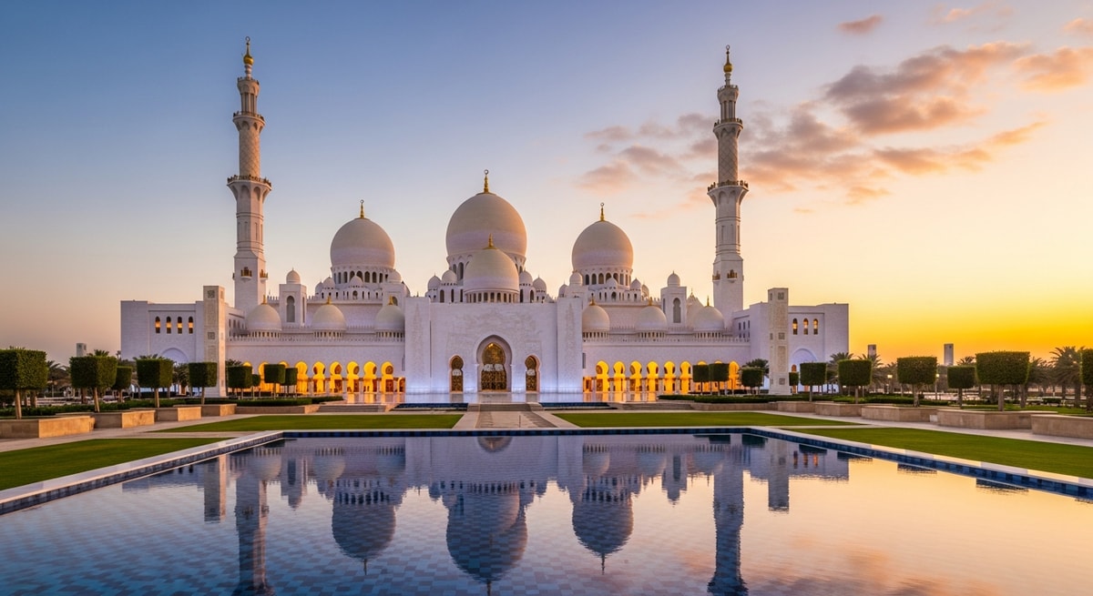 Sheikh Zayed Grand Mosque in Abu Dhabi with pristine white domes and minarets at golden hour