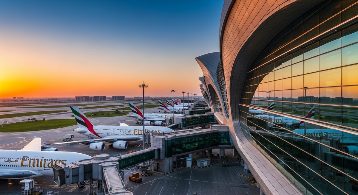 Modern Dubai International Airport Terminal 3 with futuristic architecture and Emirates aircraft