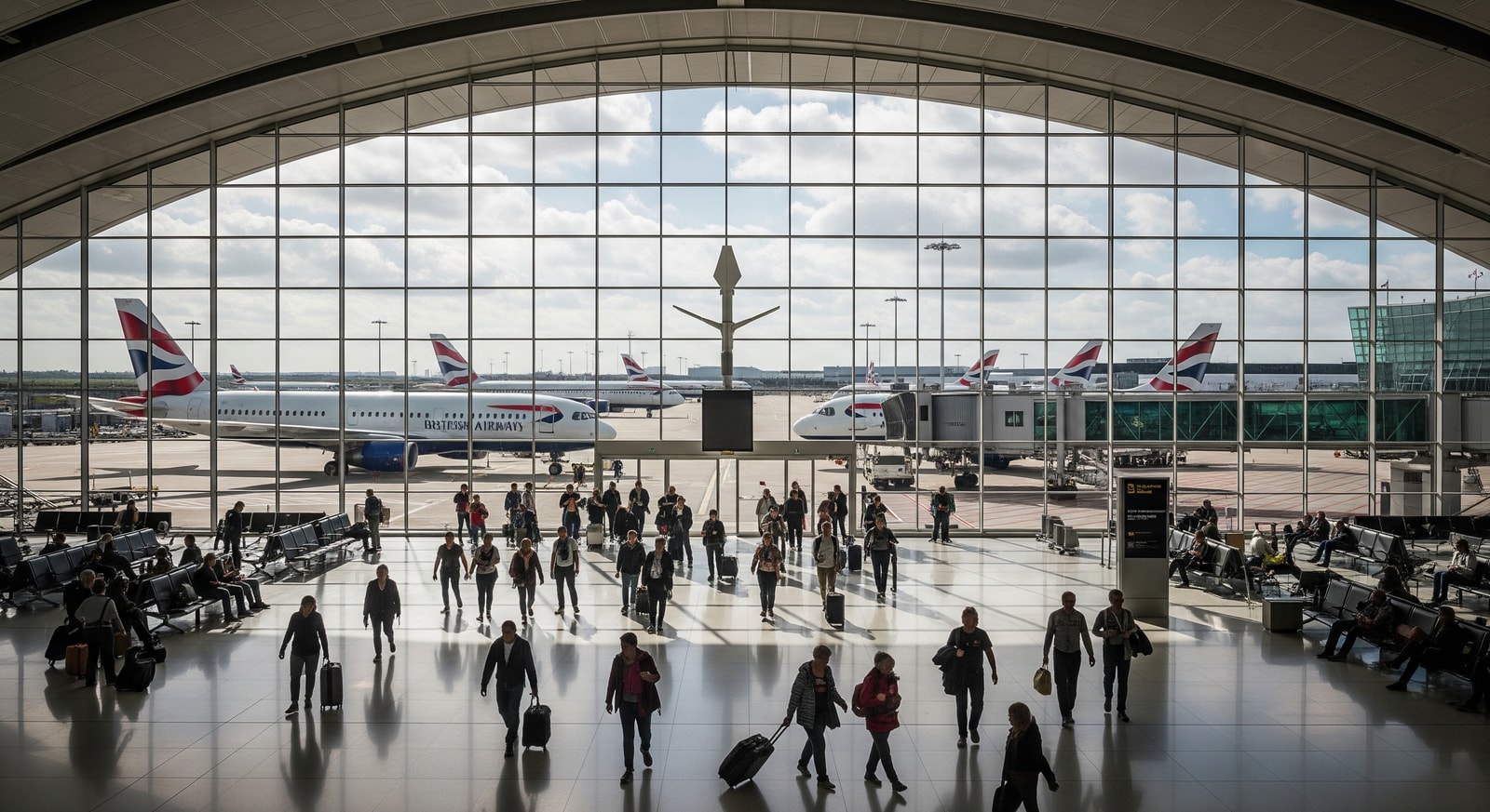 Modern Heathrow Airport Terminal 5 interior with passengers and British Airways aircraft visible