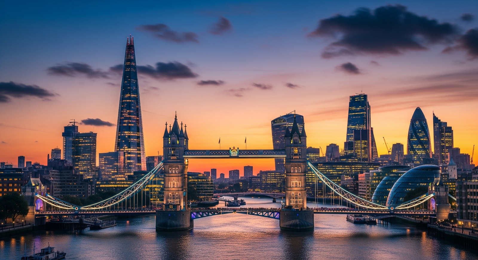 Tower Bridge spanning the River Thames with London's modern skyline in the background at dusk