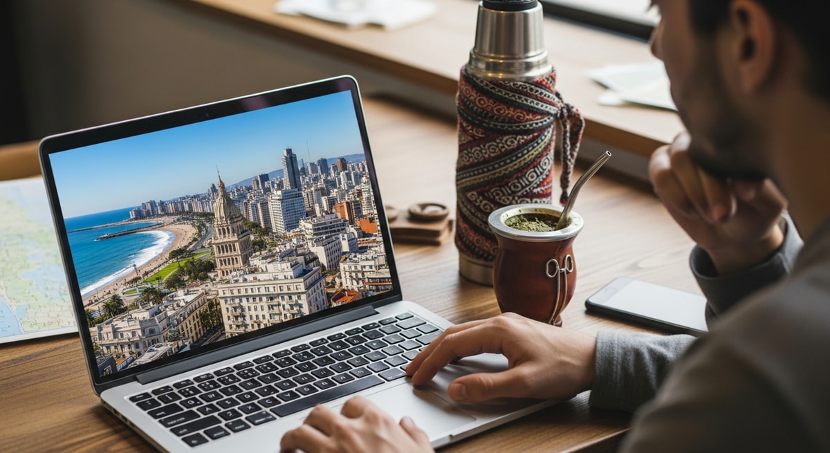 Traveler planning Uruguay trip with laptop showing Montevideo cityscape and mate gourd nearby
