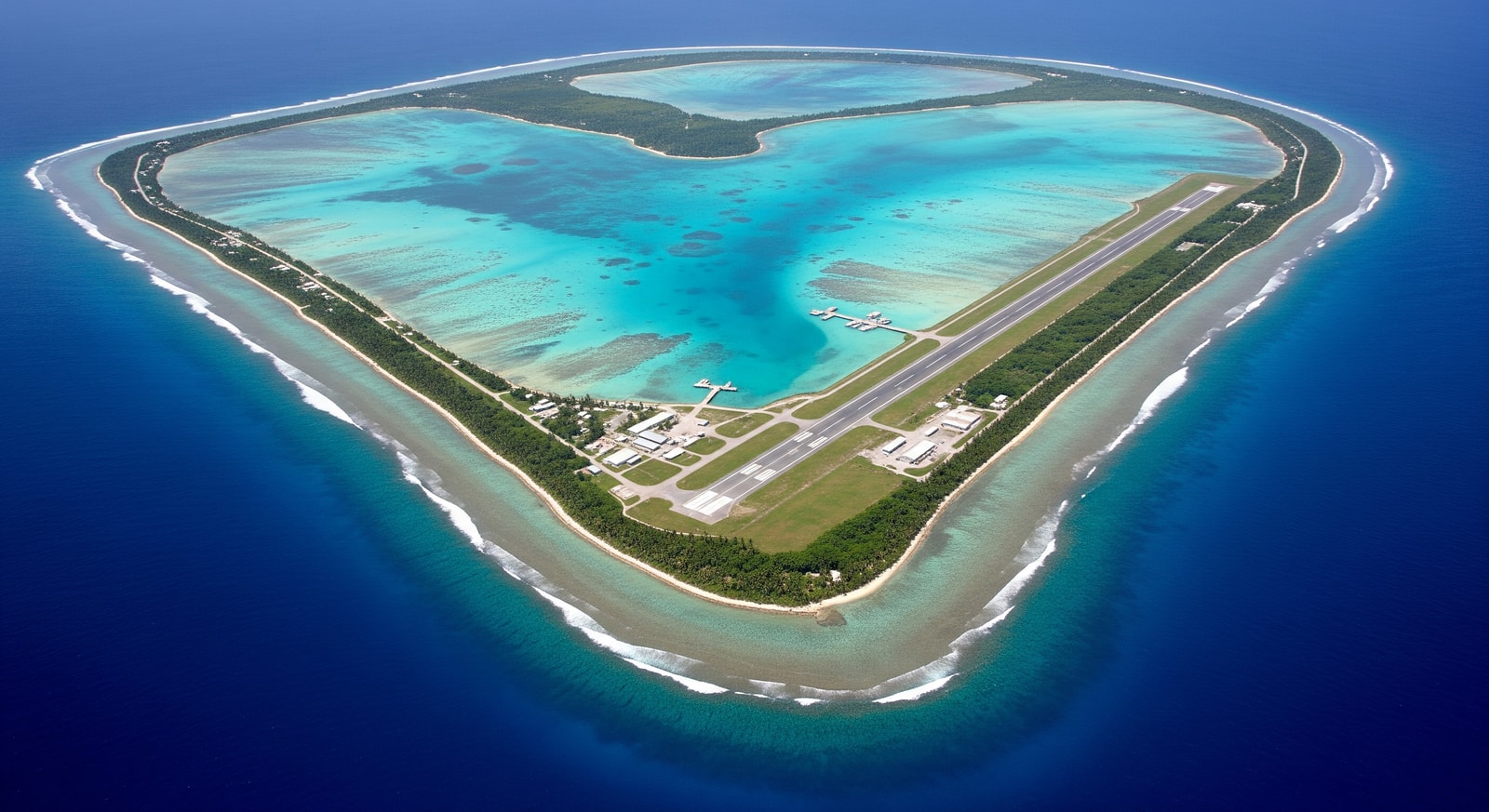 Wake Island aerial view showing the distinctive V-shaped atoll with airstrip and turquoise lagoon