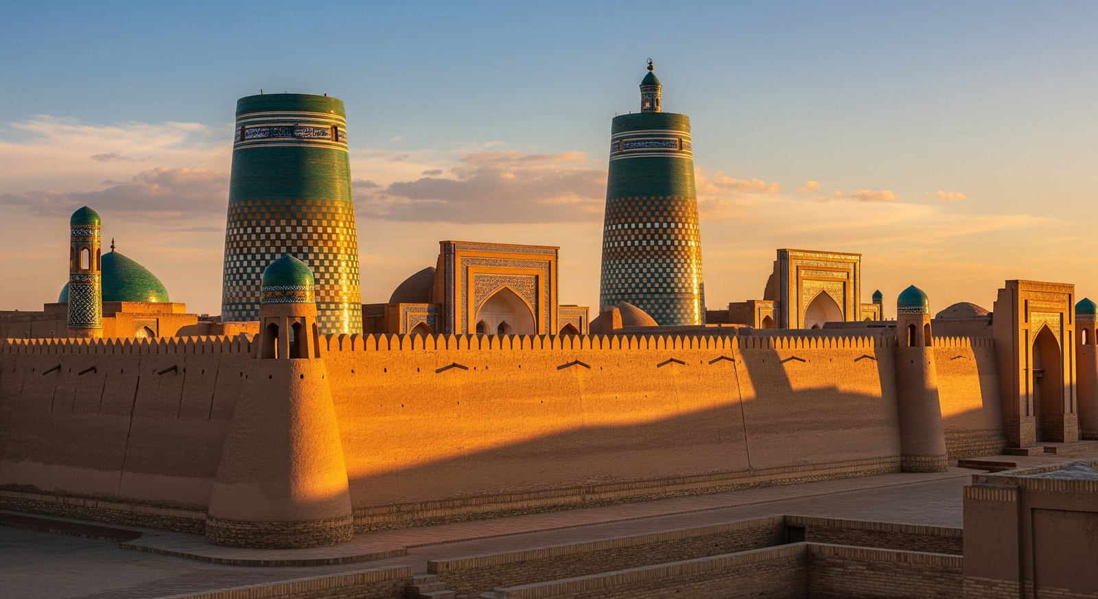 Ancient Itchan Kala fortress walls and minarets of Khiva at sunset with warm golden light