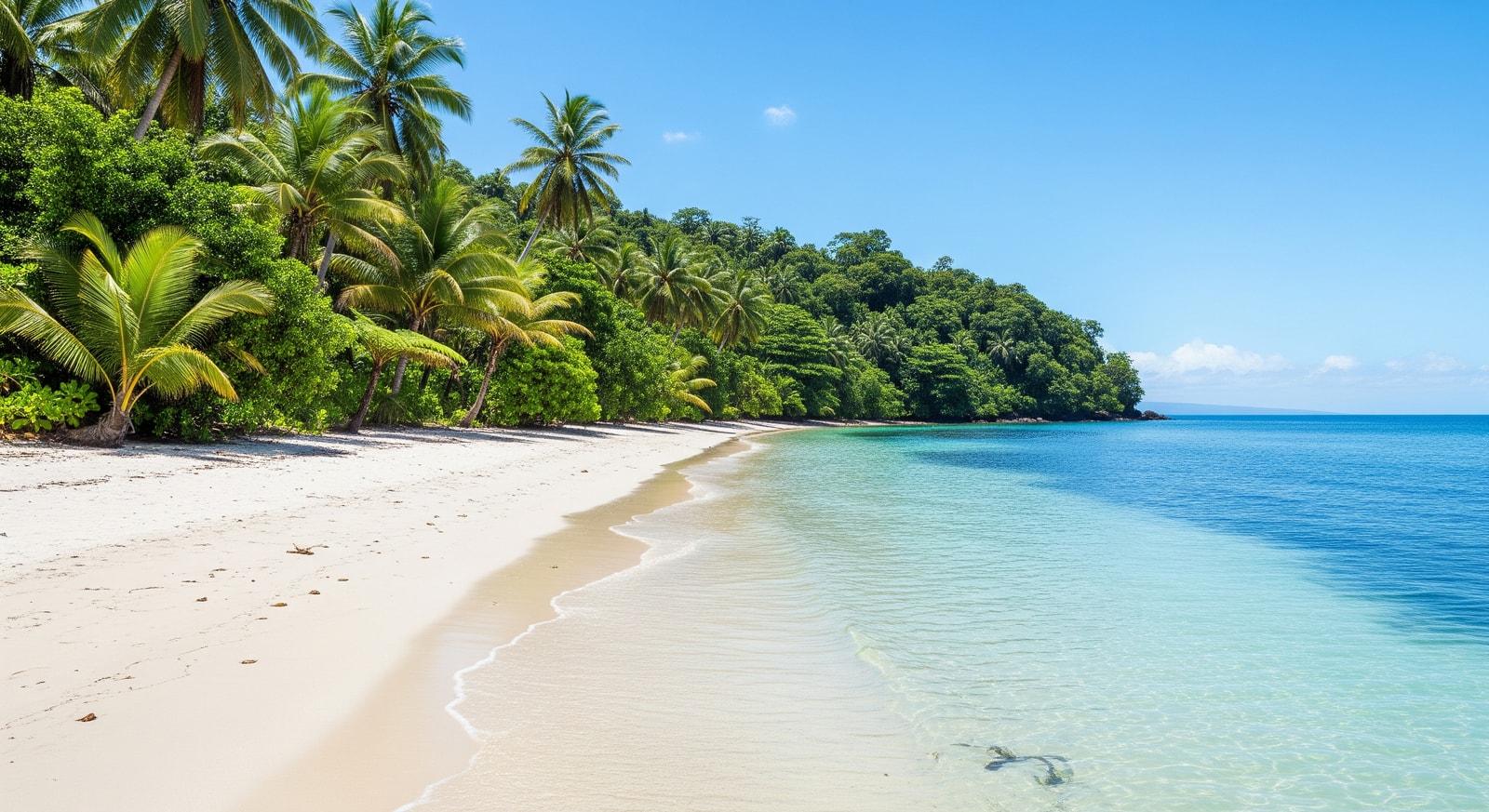 Pristine white sand beach on Espiritu Santo with crystal blue water and lush tropical vegetation