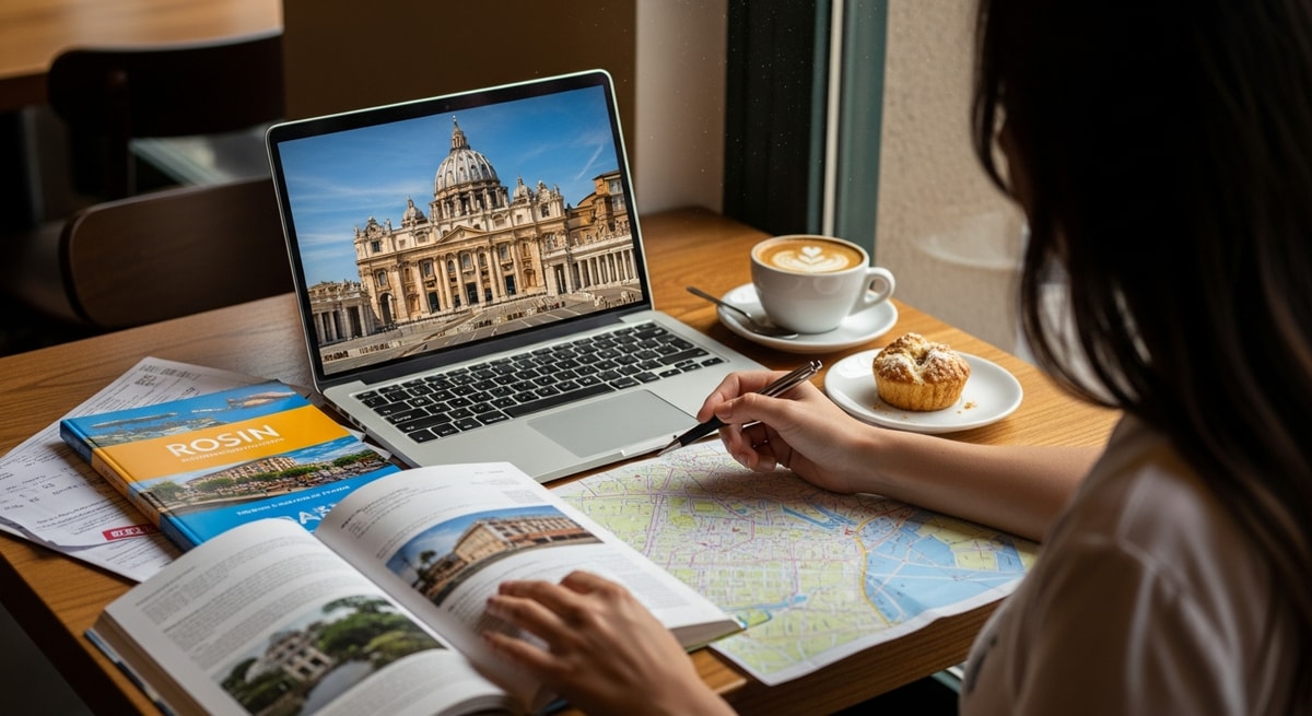 Traveler planning Vatican visit with laptop showing St. Peter's Basilica while reviewing travel documents