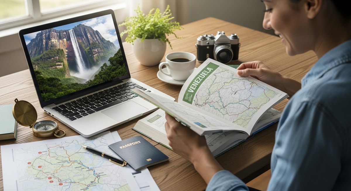 Traveler planning Venezuela trip with laptop showing Angel Falls while reviewing travel documents