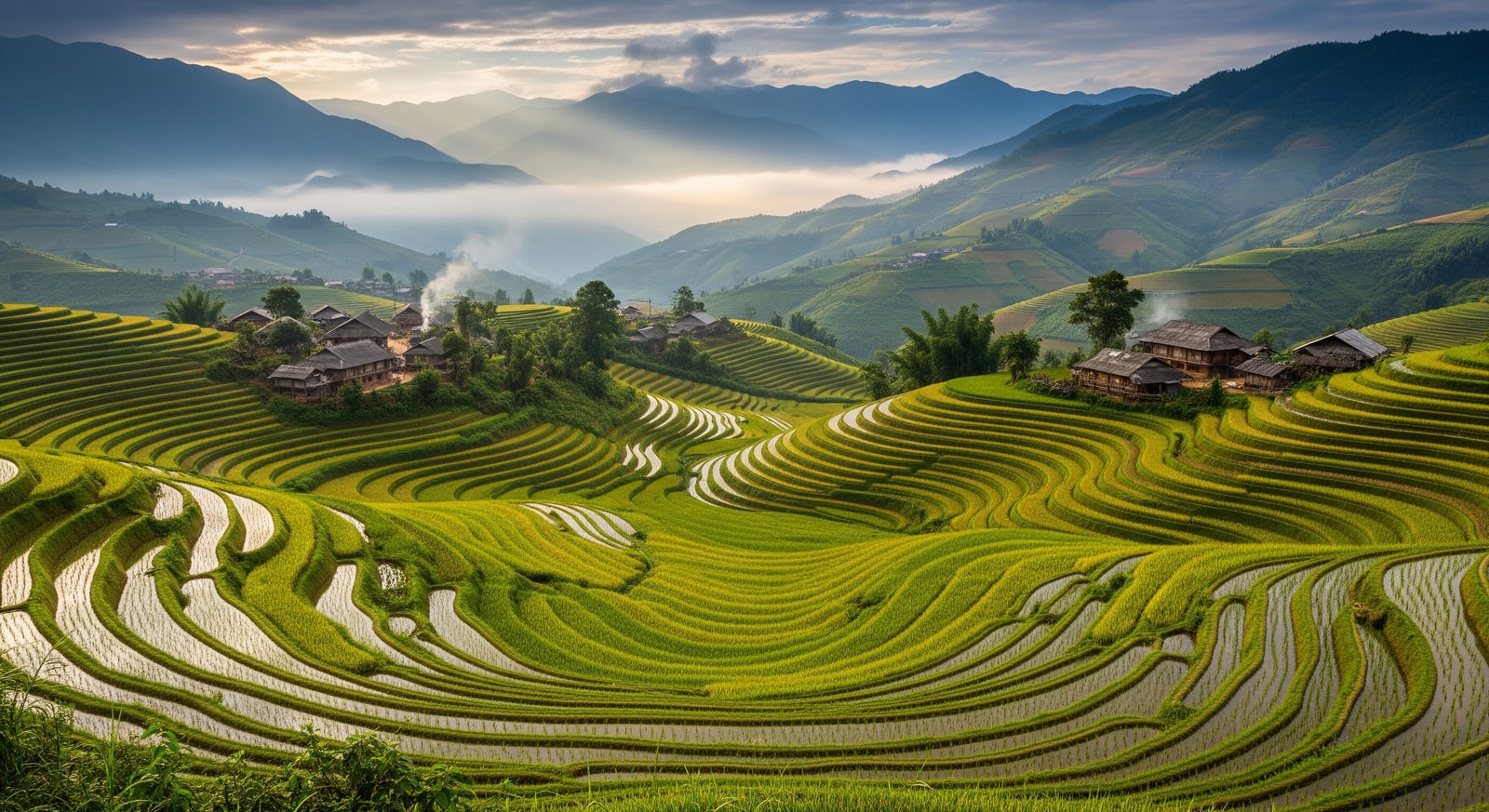 Terraced rice paddies in Sapa highlands with Hmong minority villages nestled among misty mountains