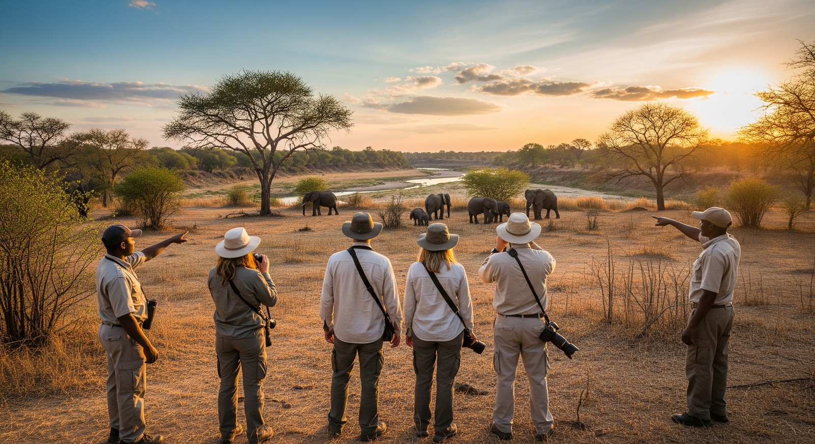 Guided walking safari group observing wildlife on foot in South Luangwa National Park Zambia