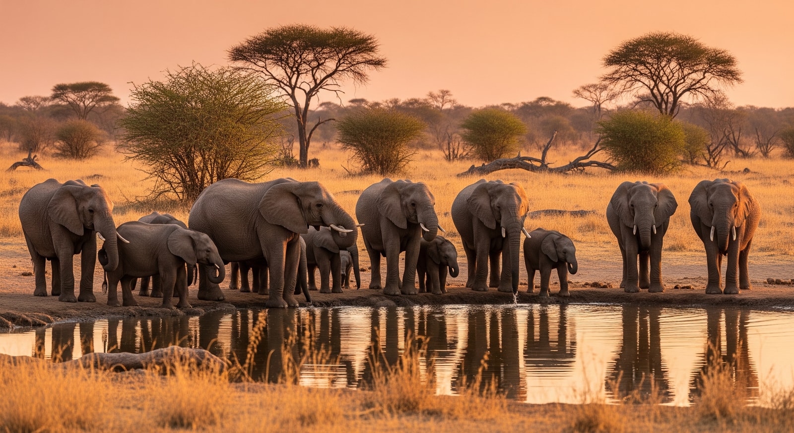 African elephants drinking at a waterhole in Hwange National Park during golden hour