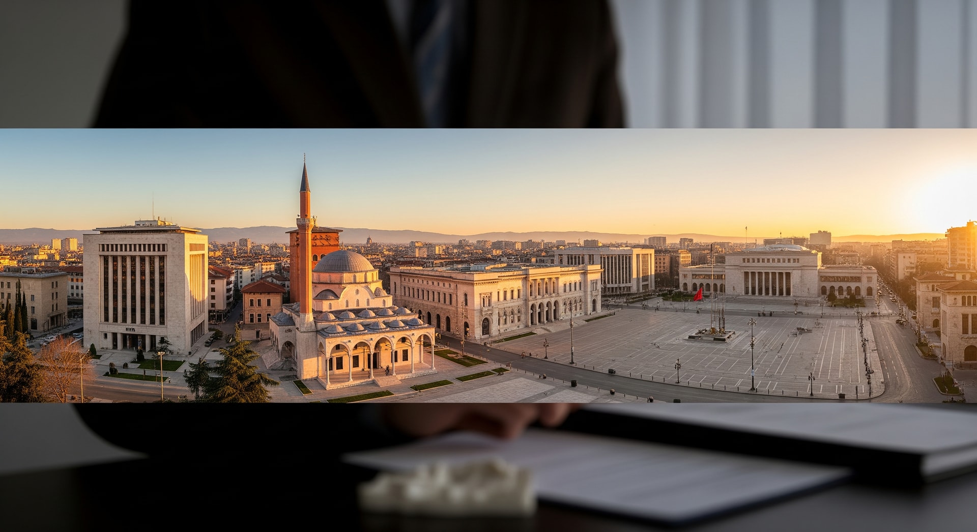 Panoramic view of Tirana with the Et'hem Bej Mosque and Skanderbeg Square representing Albania's cultural and institutional heritage