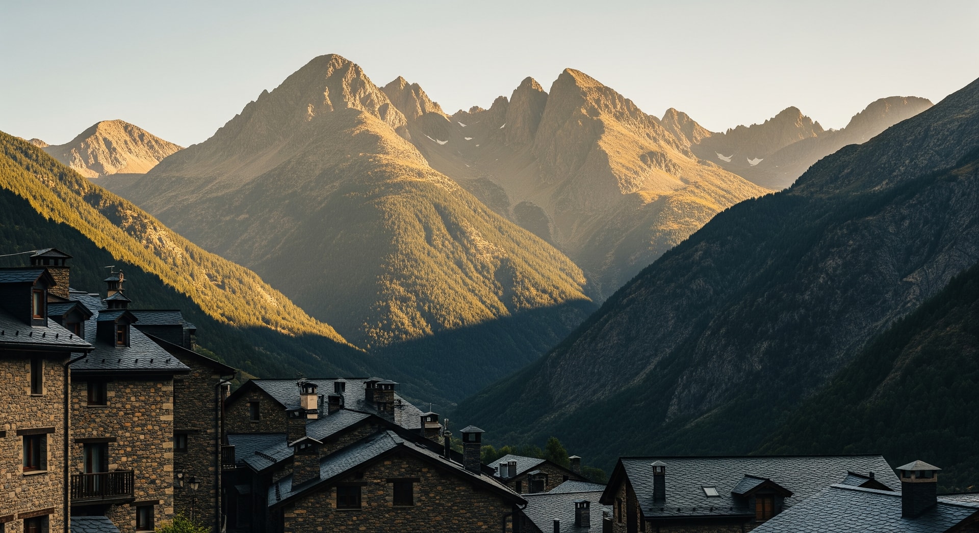 Mountainous landscape of Andorra with Pyrenees peaks and traditional stone architecture