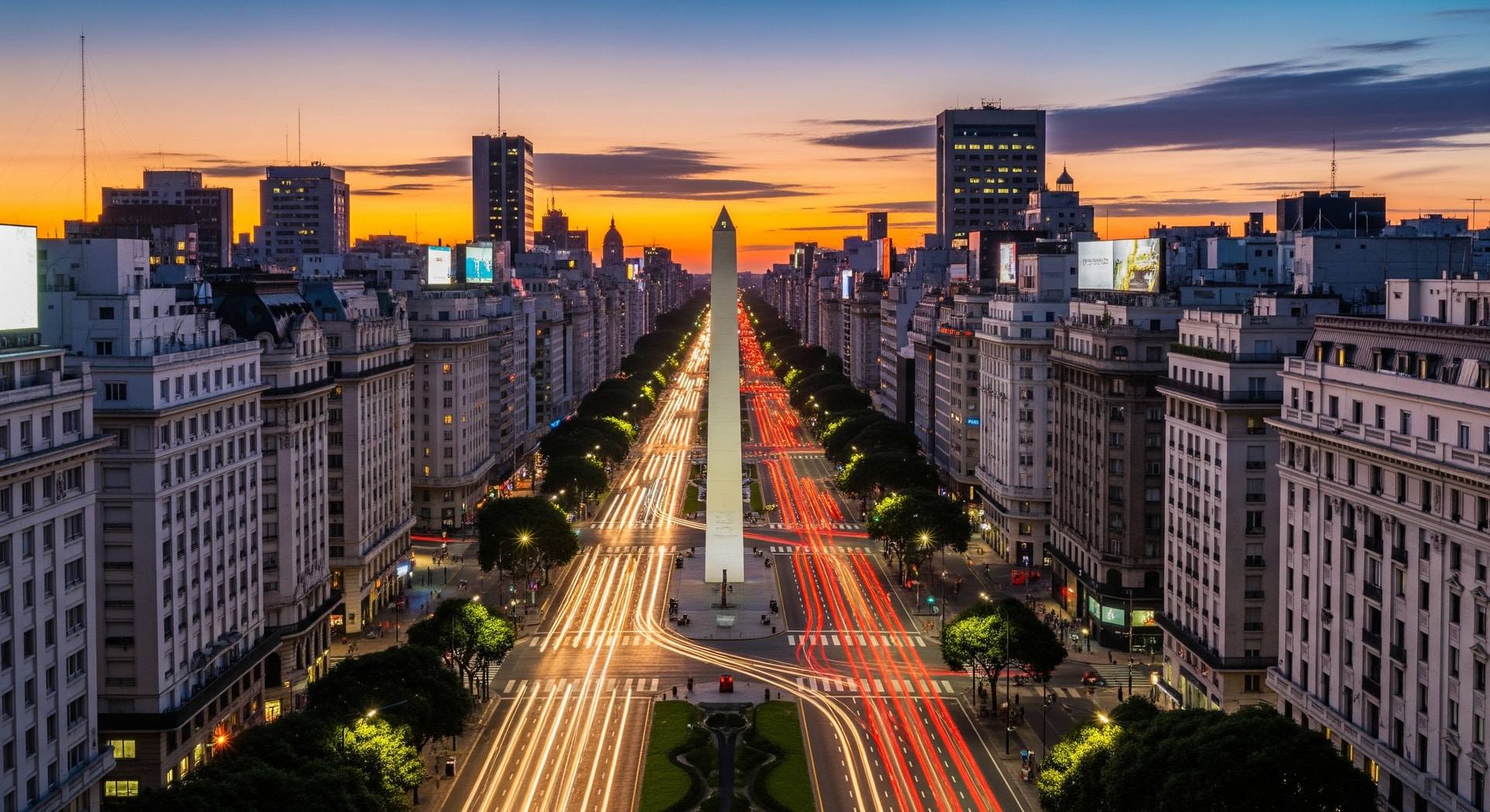 Buenos Aires skyline featuring the Obelisco and Avenida 9 de Julio at dusk representing Argentina's capital and administrative center