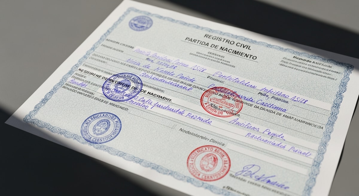 Argentine partida de nacimiento birth certificate from the Registro Civil with official seals and marginal annotations