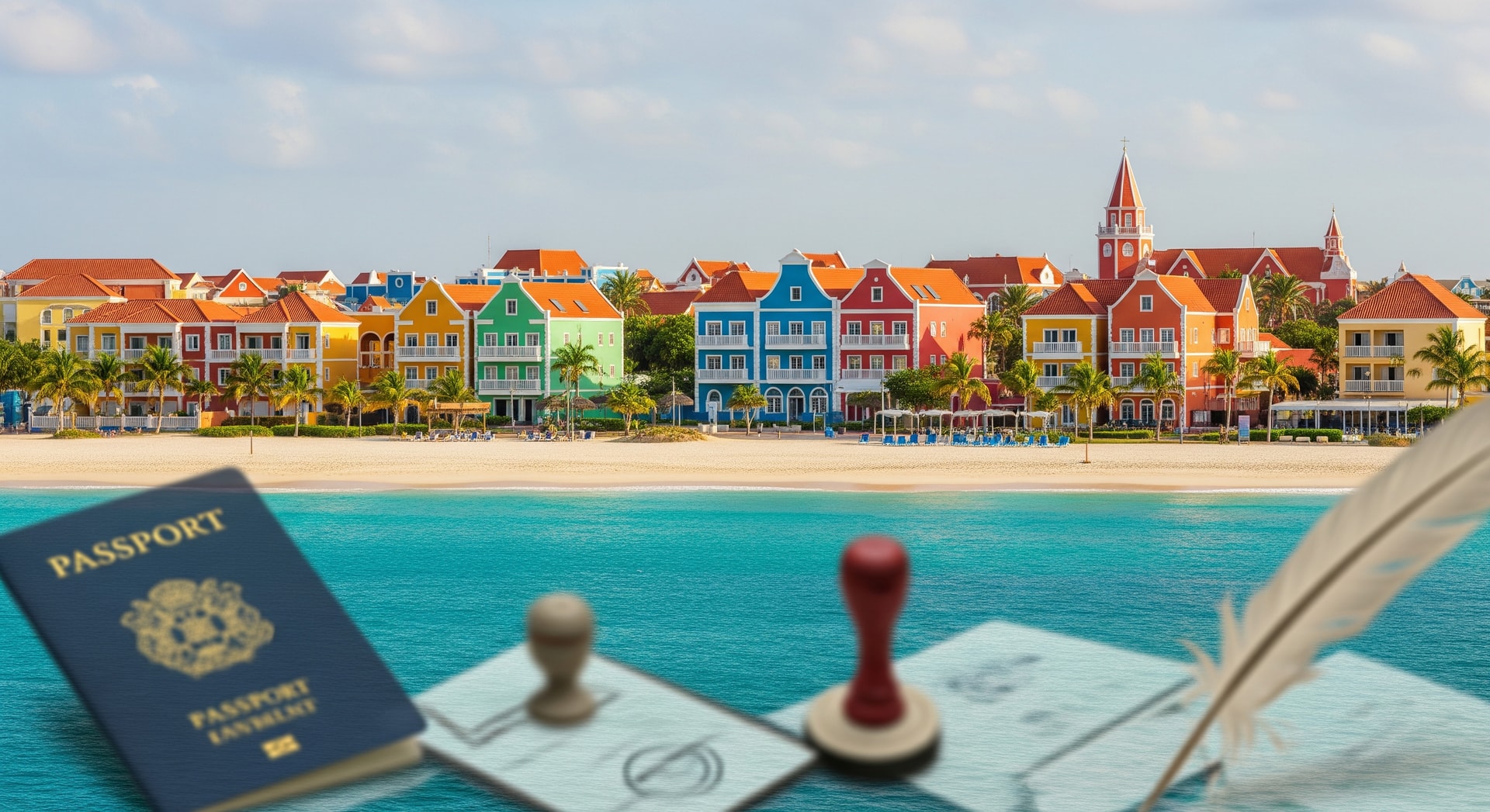 Eagle Beach and the colourful buildings of Oranjestad representing Aruba's distinctive character as a Dutch constituent country in the Caribbean