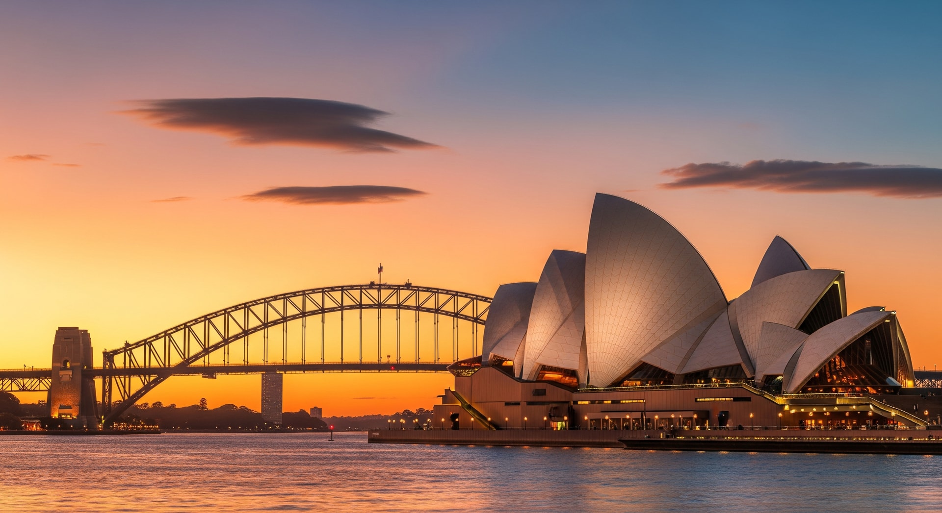 Sydney Opera House and Harbour Bridge at sunset representing Australia's modern institutional landscape