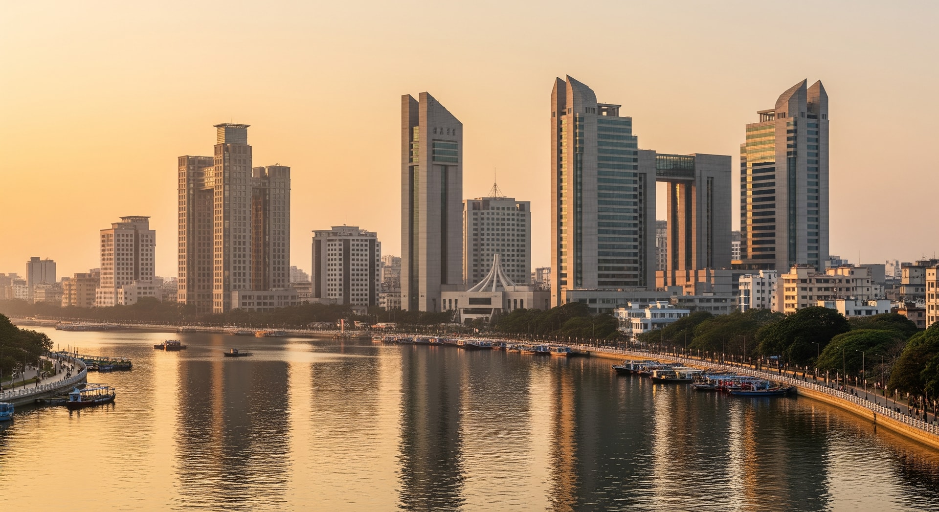 Panoramic view of Dhaka cityscape with the Hatirjheel waterfront and modern buildings representing Bangladesh's growing institutional infrastructure