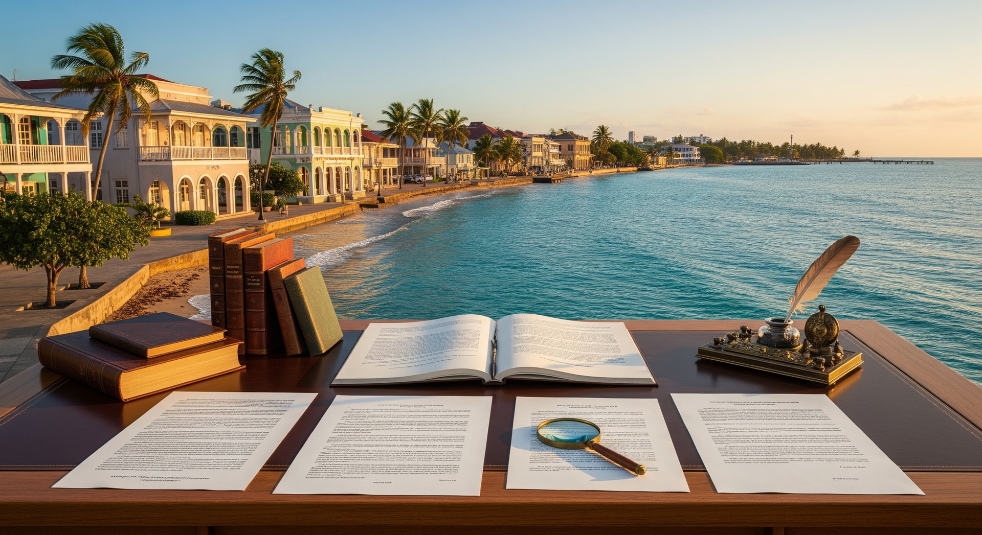 Belize City coastline with colonial architecture and Caribbean waters