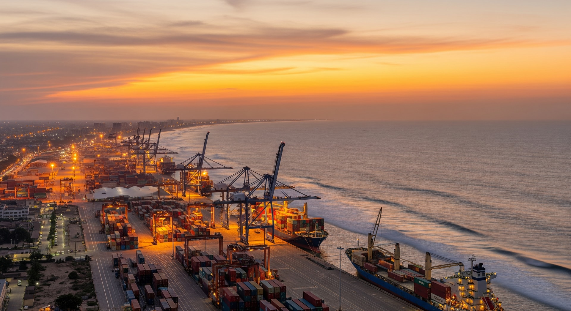 Cotonou skyline with modern port facilities and Atlantic Ocean coastline