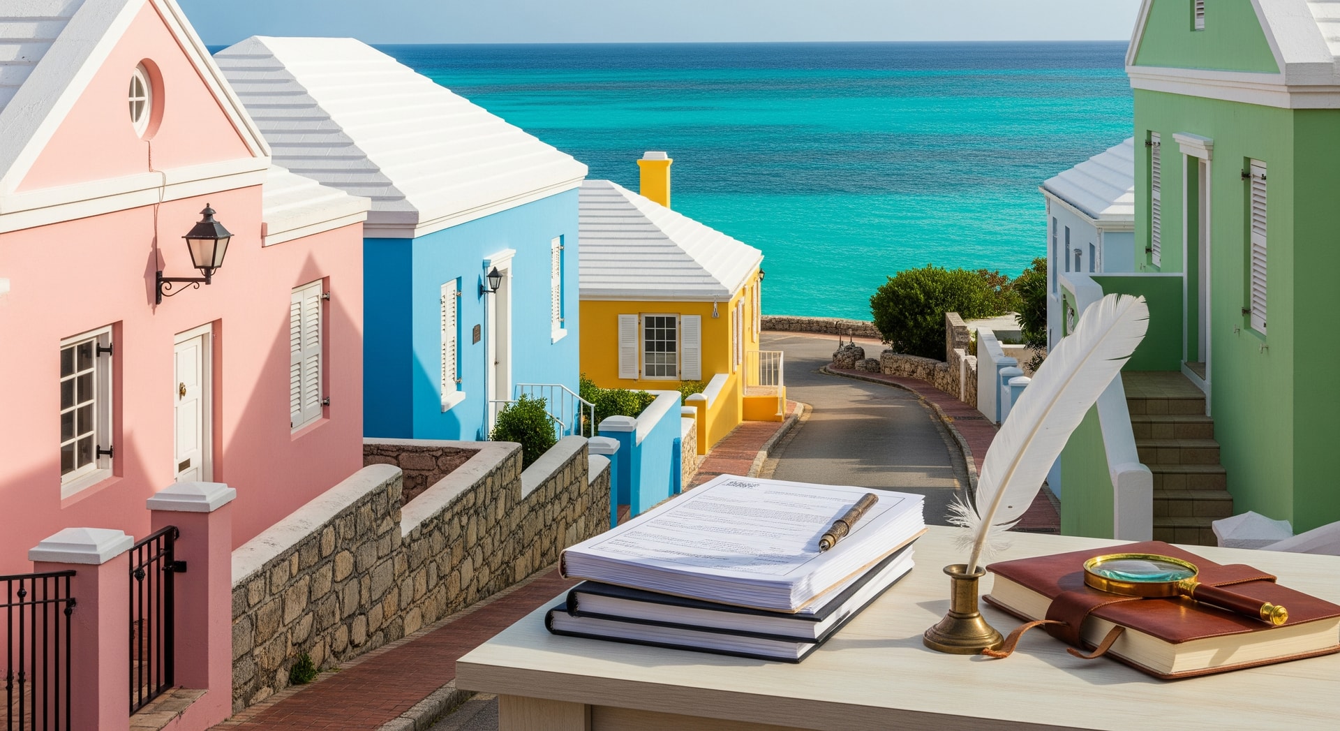 Bermuda's pastel-coloured architecture and turquoise Atlantic waters representing the British Overseas Territory's unique character