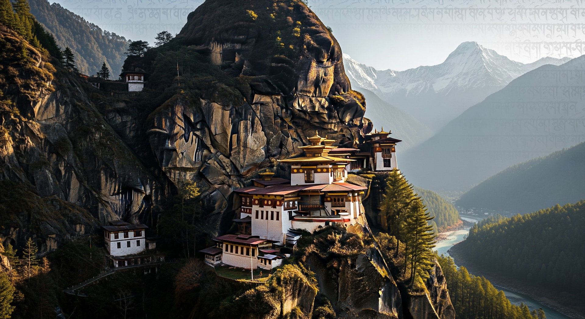 Tiger's Nest Monastery perched on cliff overlooking Paro Valley with Himalayan mountains